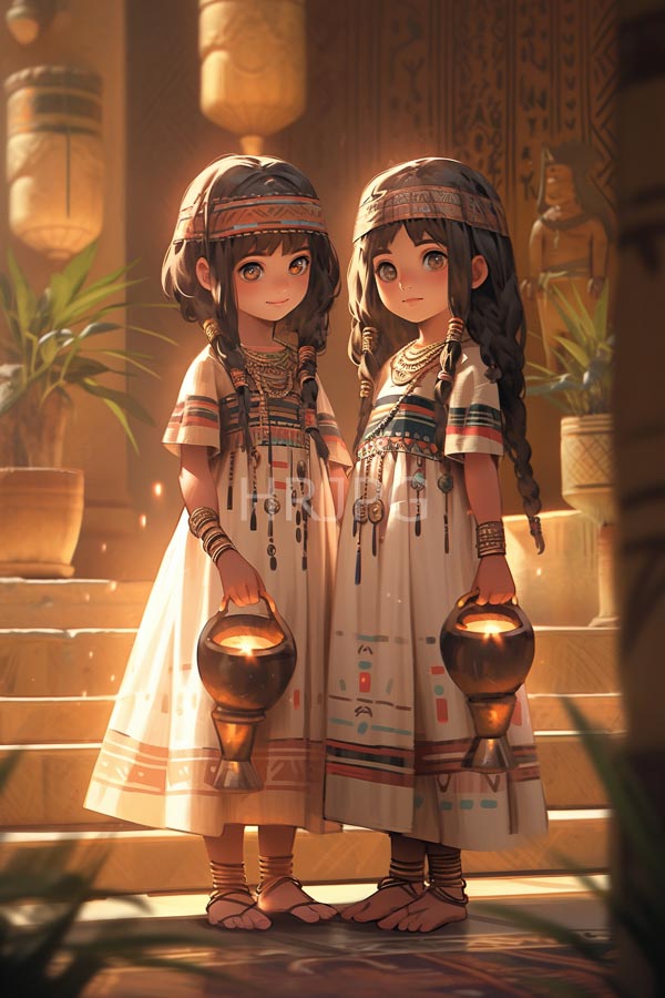 High Resolution: Two young girls with dark braided hair wearing white ancient Egyptian-style dresses adorned in colorful patterns and jewelry holding bronze water jugs download. | HRJPG.com