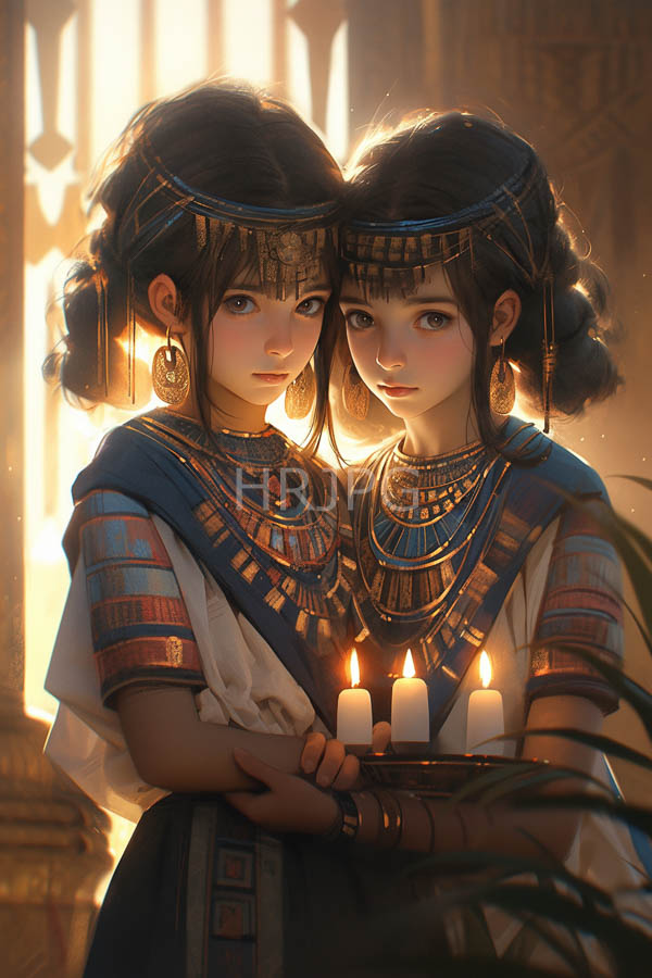 High Resolution: Two young girls with dark hair adorned in ancient Egyptian-style clothing and jewelry holding lit candles between them in an illuminated temple setting download. | HRJPG.com