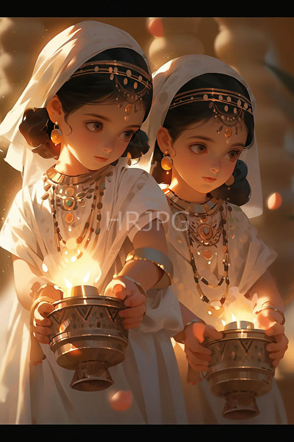 High Resolution: Two young girls with dark hair wearing white veils and ornate jewelry holding small lanterns emitting warm light with soft golden petals floating around them download. | HRJPG.com