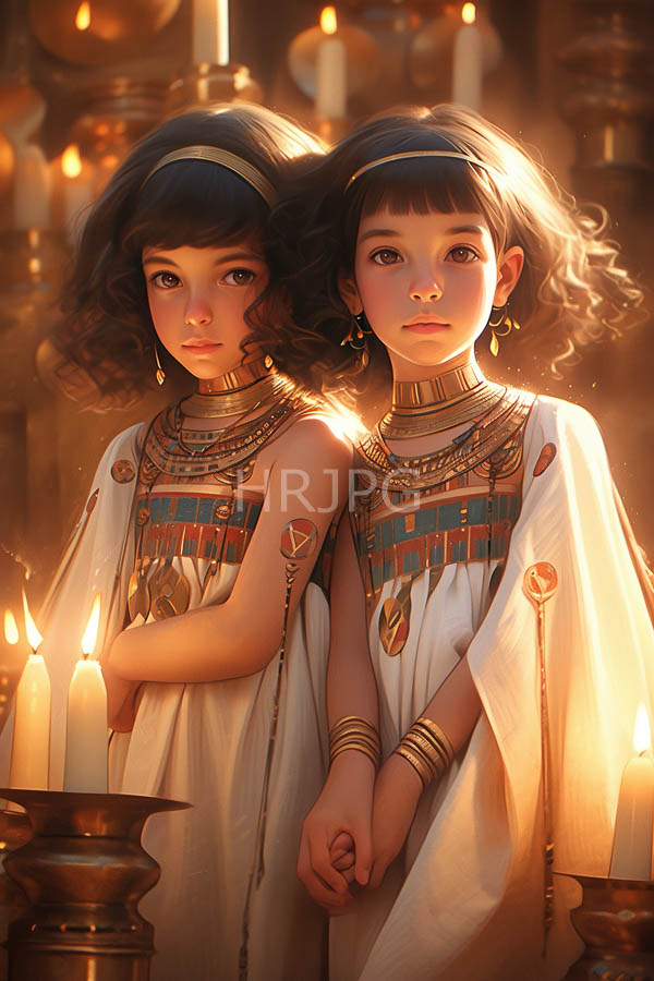 High Resolution: Two young girls with curly brown hair wearing white ancient Egyptian-style dresses adorned in gold jewelry stand side by side under warm candlelight gazing solemnly forward download. | HRJPG.com