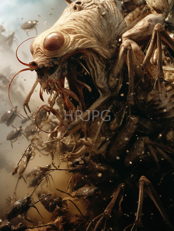 High Resolution: Eerie monstrous creature with large red eyes and elongated antennae resembling insects' legs emerging from its head with wrinkled skin texture and surrounding smaller insect-like creatures download. | HRJPG.com