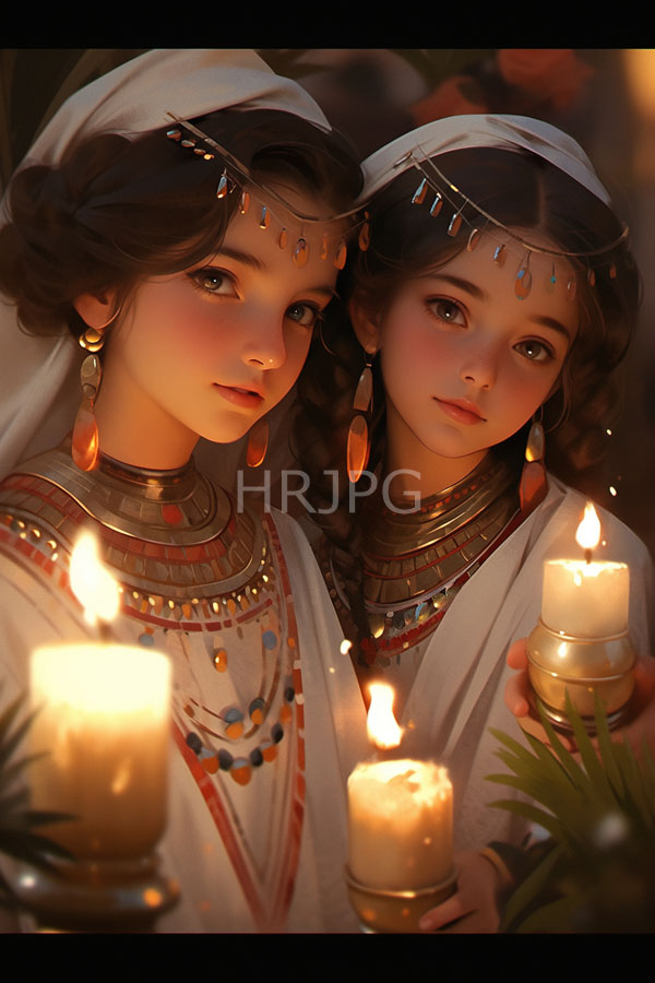 High Resolution: Two young women with fair skin and brown hair wearing white veils adorned in gold and blue jewelry holding lit candles under soft warm light with a gentle gaze download. | HRJPG.com