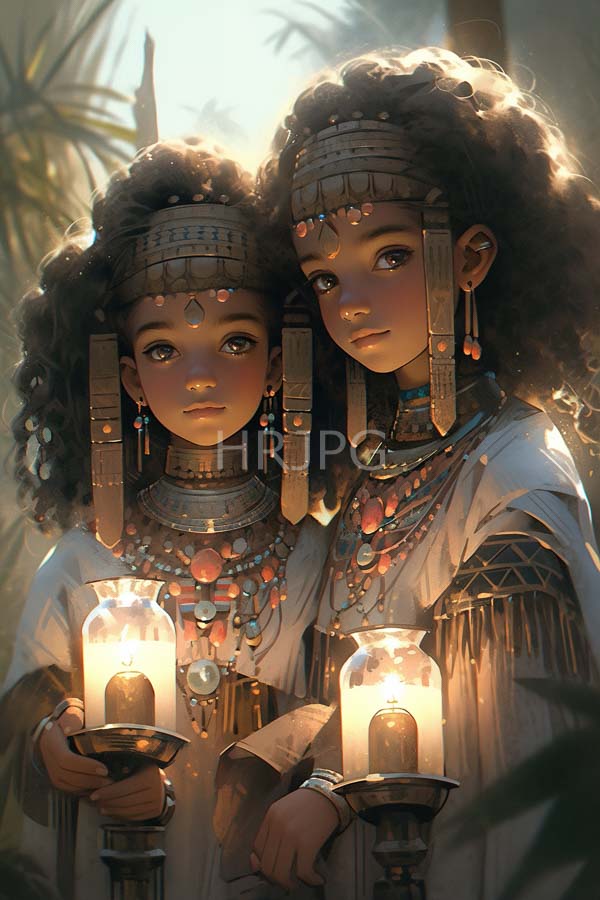 High Resolution: Two young dark-skinned girls with curly hair wearing elaborate ancient Egyptian jewelry and headpieces holding lit candles in ornate holders under soft sunlight filtering through palm leaves download. | HRJPG.com
