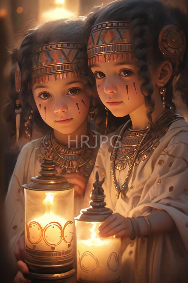 High Resolution: Two young girls with curly brown hair wearing ornate headbands and jewelry with faces marked by black lines resembling tribal markings holding glowing lanterns download. | HRJPG.com