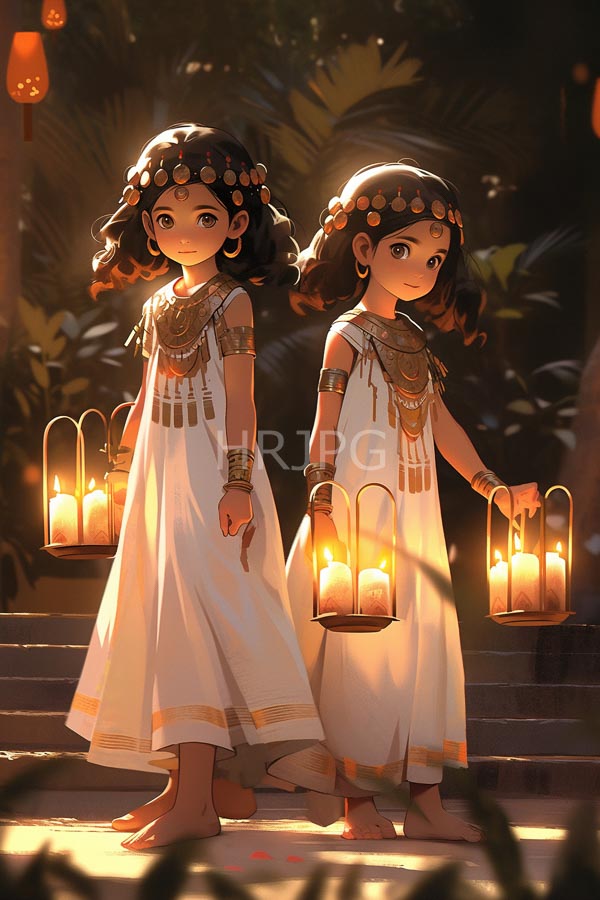 High Resolution: Two young girls with dark curly hair wearing white dresses adorned in gold jewelry and headpieces hold lanterns emitting warm light while walking on stone steps amidst lush greenery download. | HRJPG.com