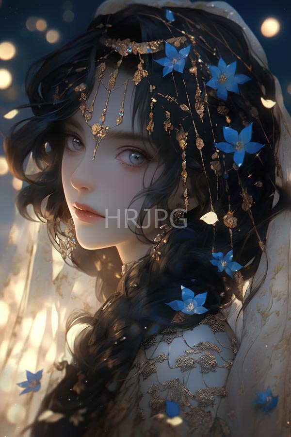 High Resolution: Ethereal young woman with pale skin and large expressive blue eyes gazing softly with long wavy black hair adorned with gold jewelry featuring delicate chains and small royal-blue flowers download. | HRJPG.com