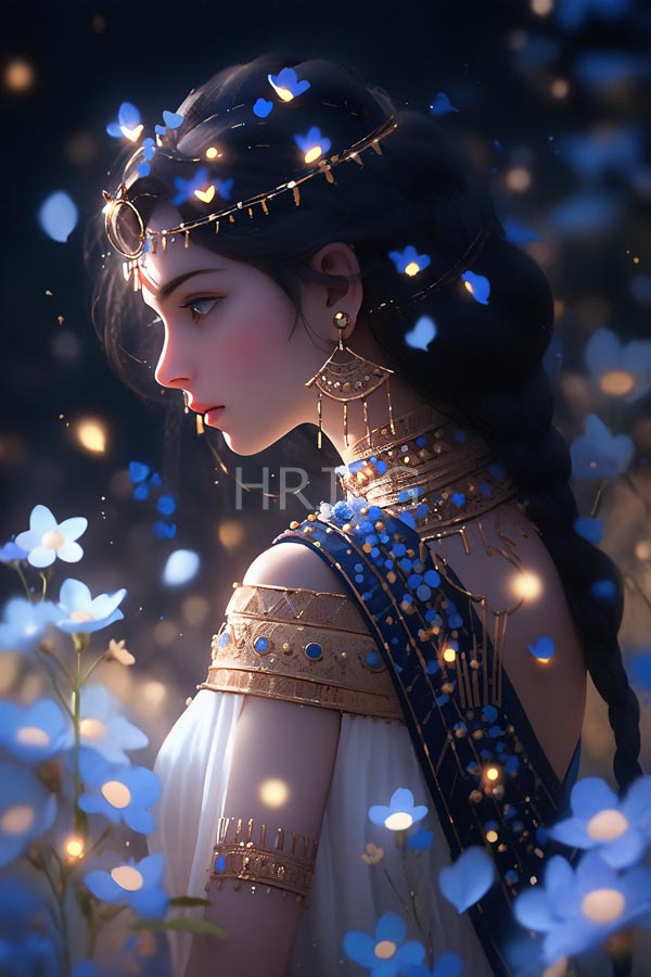 High Resolution: Ethereal fair-skinned woman with dark braided hair adorned in gold and blue jewelry against a twilight field filled with glowing white flowers wearing draped fabric download. | HRJPG.com