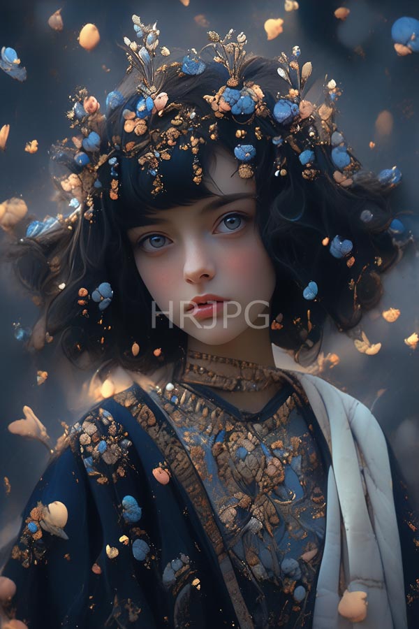 High Resolution: Ethereal young woman with pale skin large blue eyes and dark curly hair adorned in golden flowers mixed with small pebbles floating around her head download. | HRJPG.com