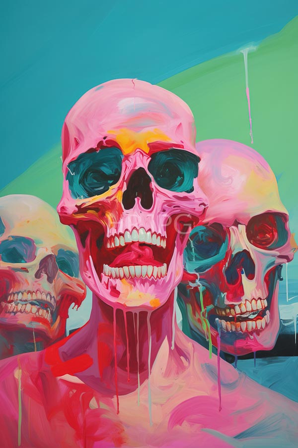 High Resolution: Three vibrant dripping skulls with pink and red hues against a turquoise-green background with one central skull having large black eyes download. | HRJPG.com