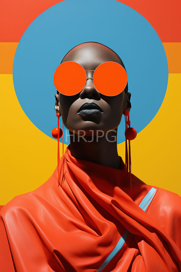 High Resolution: African-American woman with dark skin and a bald head wears bright orange round sunglasses and red earrings against a vibrant blue-yellow-red background download. | HRJPG.com