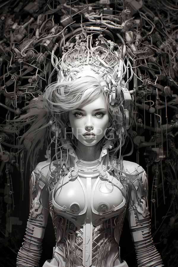 High Resolution: Ethereal cybernetic woman in a black-and-white portrait with flowing hair and intricate mechanical adornments covering her body and numerous wires extending download. | HRJPG.com