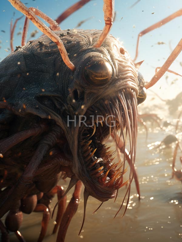High Resolution: Monstrous insect-like creature with a dark green exoskeleton and large menacing eyes with numerous long antennae and sharp teeth in multiple rows within wide-open jaws download. | HRJPG.com