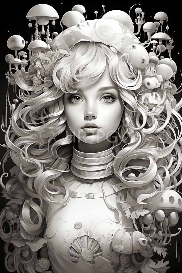 High Resolution: Detailed black-and-white drawing of an ethereal young woman with flowing curly hair adorned by surreal mushrooms and mechanical parts on her head download. | HRJPG.com