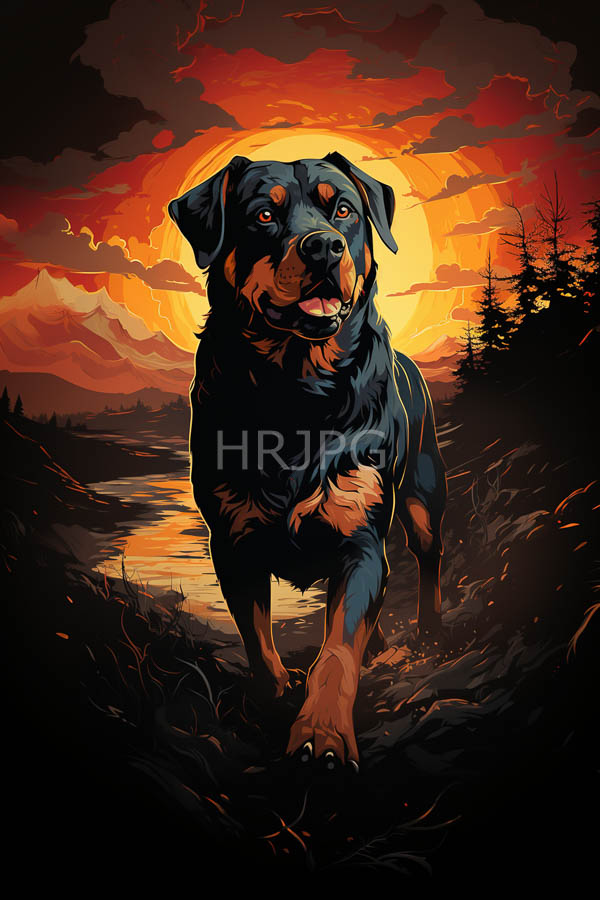 High Resolution: Anthropomorphic black and brown dog with expressive eyes stands on a dirt path during sunset with the sky ablaze with orange-red clouds behind silhouetted pine trees download. | HRJPG.com
