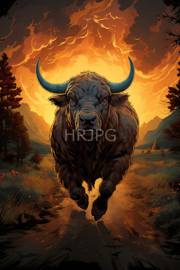 High Resolution: Imposing muscular bison with large curved horns charging towards the viewer on a dirt path at sunset with the sky ablaze in orange and yellow hues download. | HRJPG.com