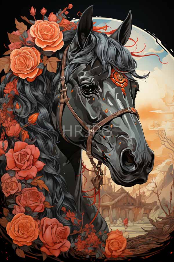 High Resolution: Elegant dark gray horse with a flowing mane adorned in vibrant orange roses and leaves around its neck against a sunset sky backdrop featuring distant houses download. | HRJPG.com