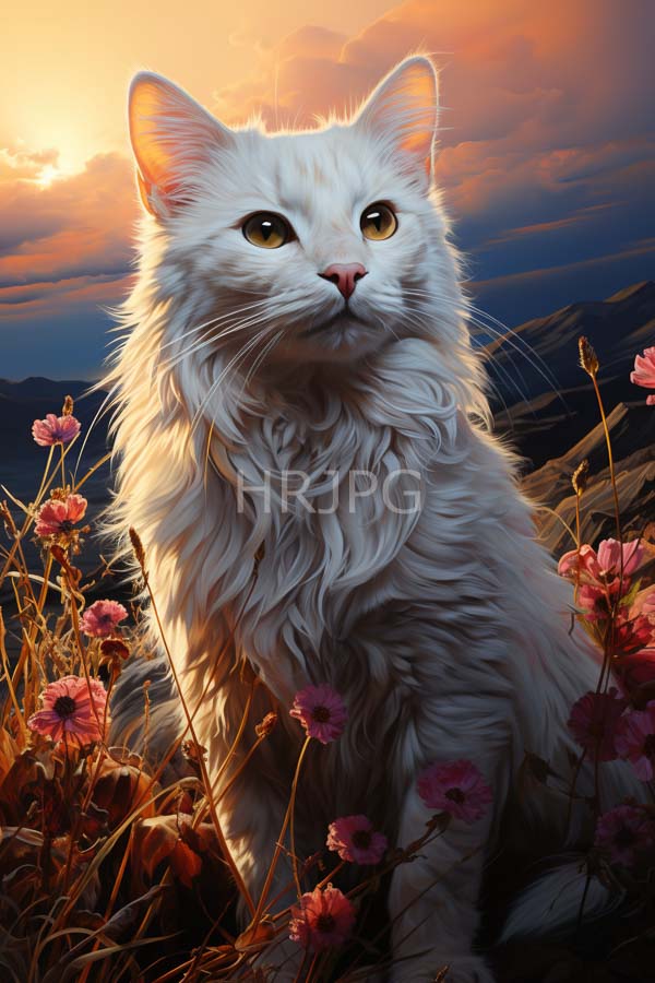 High Resolution: Elegant long-haired white cat with golden eyes and a pink nose sits amidst blooming wildflowers at sunset with warm orange sunlight highlighting its fluffy fur download. | HRJPG.com