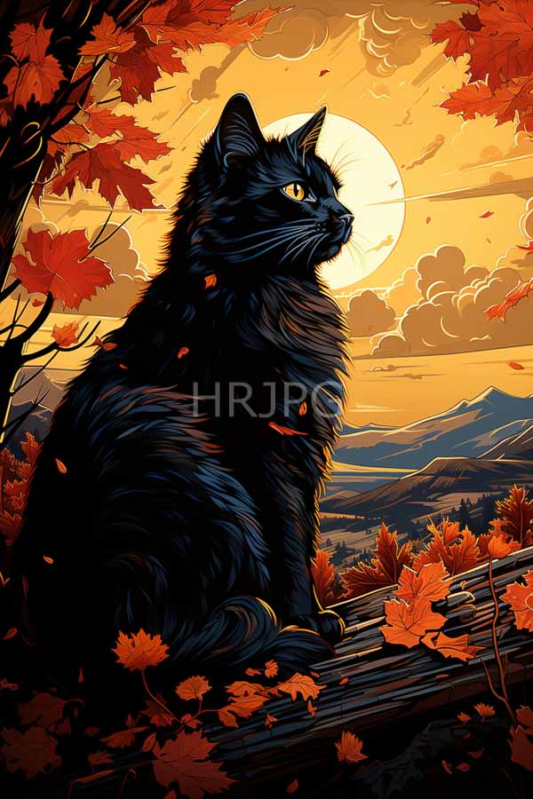 High Resolution: Elegant black cat with golden eyes sits on fallen logs amidst vibrant autumn leaves under a glowing sunset sky and mountains in the background download. | HRJPG.com