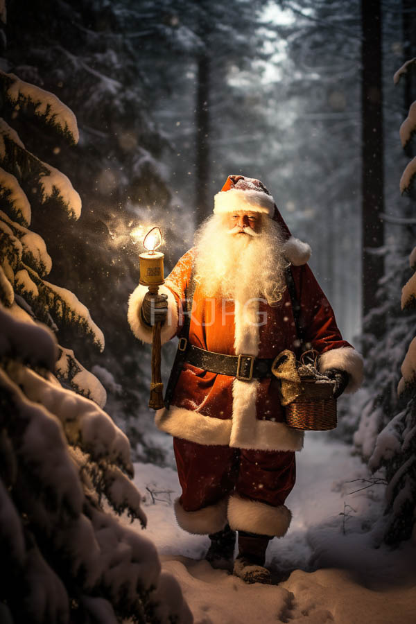 High Resolution: Santa Claus in traditional red and white outfit holds an illuminated lantern with smoke rising from it standing on a snow-covered forest path at nightfall download. | HRJPG.com