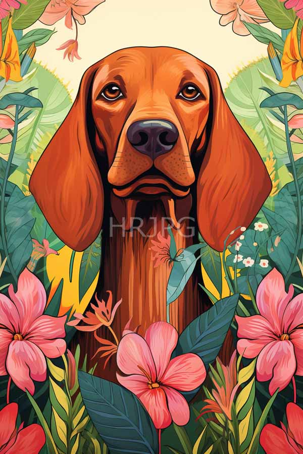 High Resolution: Orange-brown dog with droopy ears centered amidst vibrant pink and red flowers surrounded by green leaves with yellow lilies framing the top corners download. | HRJPG.com