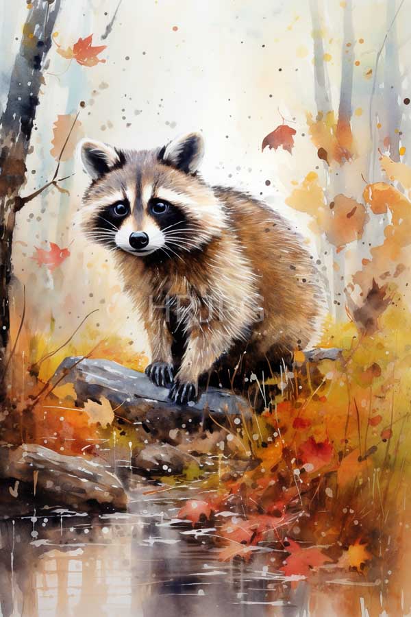 High Resolution: Detailed watercolor-style painting of an adorable raccoon sitting on a rock in autumn foliage by a reflective pond surrounded by colorful fallen leaves download. | HRJPG.com