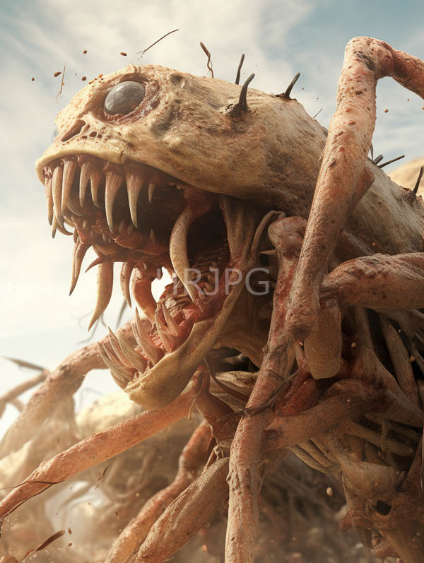 High Resolution: Highly detailed monstrous grotesque creature with large sharp teeth and multiple protruding spikes on its head roaring against a bright sky background download. | HRJPG.com