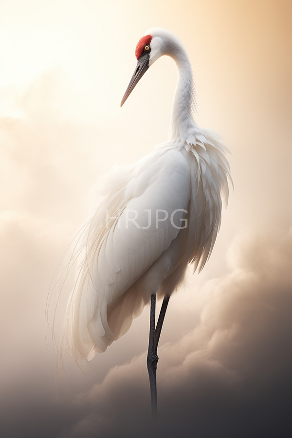 High Resolution: Elegant white egret with red facial markings stands on one slender black leg amidst soft clouds against a warm sunset sky with silky delicate feathers download. | HRJPG.com