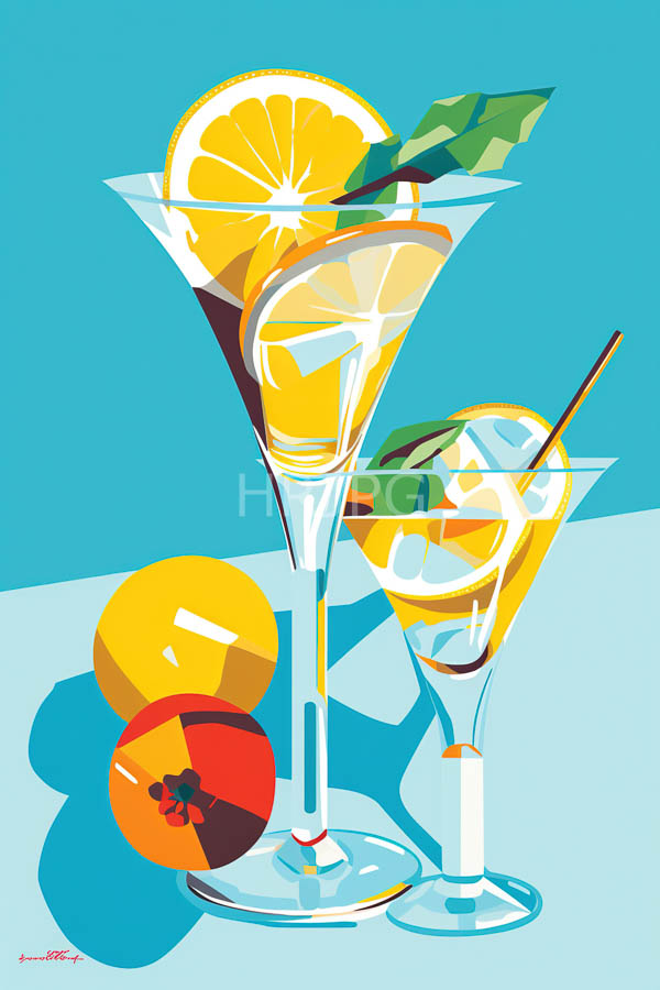 High Resolution: Two cocktails in clear elegant glasses with wide stems against a turquoise background one with a lemon slice and a green leaf garnish atop a yellow drink download. | HRJPG.com