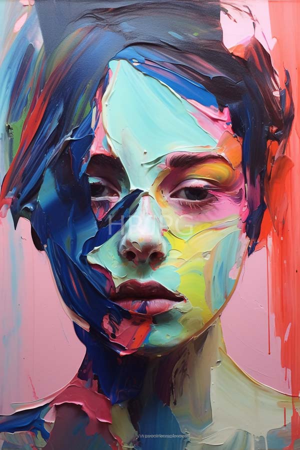 High Resolution: Abstract digital painting of a young woman's face with vibrant colors and thick brushstrokes covering her features in blue pink yellow green hues download. | HRJPG.com