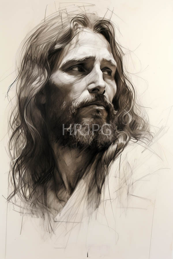 High Resolution: Detailed monochromatic pencil drawing of an older man with long wavy hair and a beard gazing thoughtfully to his left wearing loose clothing download. | HRJPG.com