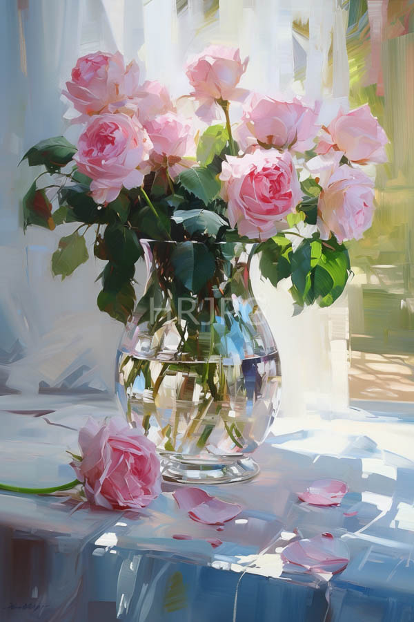 High Resolution: Pink roses in a clear glass vase on a white tablecloth with petals scattered around and sunlight filtering through sheer curtains download. | HRJPG.com