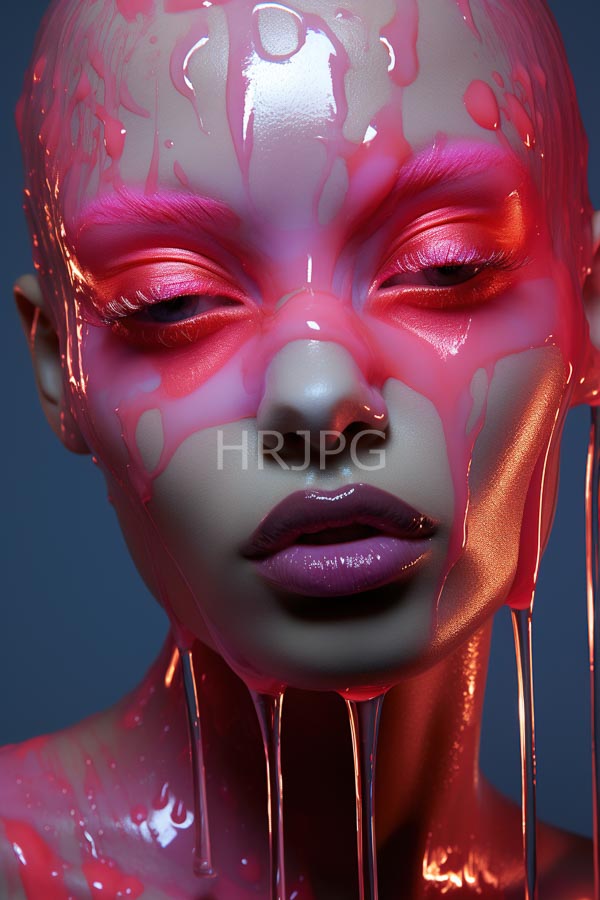 High Resolution: Photorealistic androgynous bald humanoid with smooth skin covered in glossy pink wax drips over their face and neck against a dark blue background download. | HRJPG.com