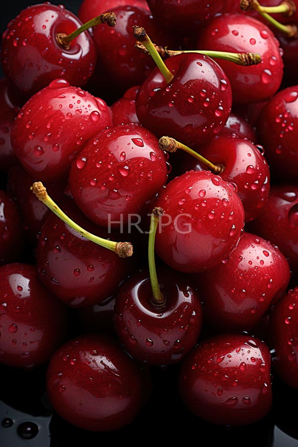 High Resolution: Vibrant glossy red cherries with droplets of water on their smooth surfaces with green stems visible among them piled closely together download. | HRJPG.com