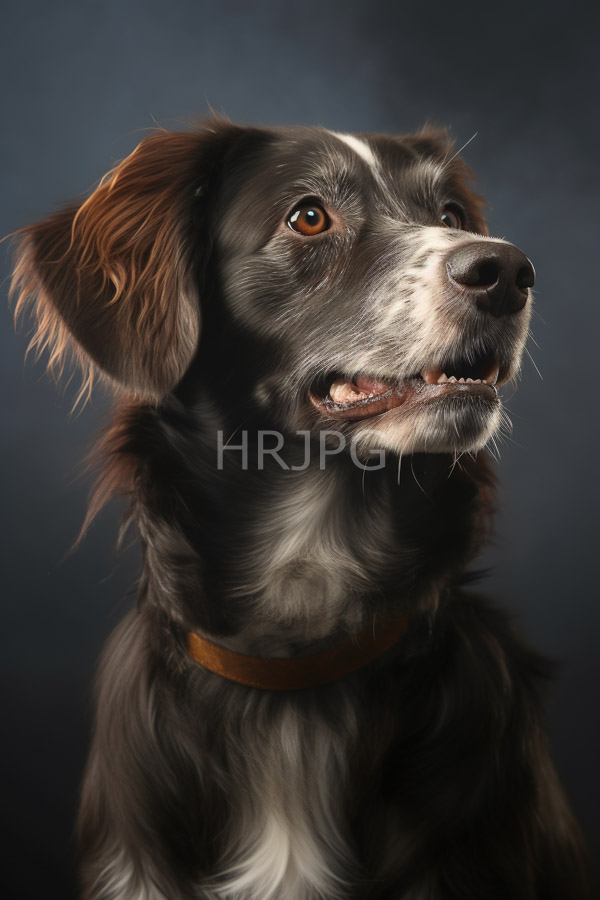 High Resolution: Photorealistic elderly black and brown dog with white chest fur wearing a leather collar against a dark background with detailed textures and expressive amber eyes download. | HRJPG.com