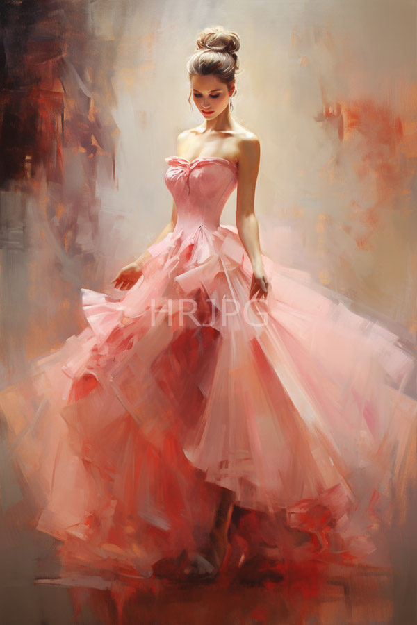 High Resolution: Elegant woman with fair skin and brown hair in an updo wears a strapless pink ball gown adorned with ruffles standing gracefully against a blurred warm background download. | HRJPG.com