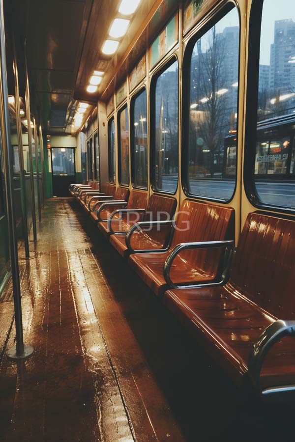 High Resolution: Empty wet subway car with wooden benches and metal armrests reflecting overhead lights with a rain-slicked floor and large windows showing a blurred cityscape at dusk download. | HRJPG.com