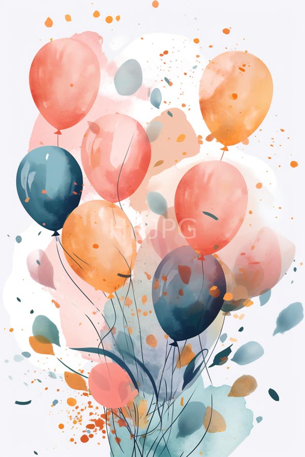 High Resolution: Watercolor illustration of colorful balloons in shades of pink orange and teal with splattered paint effects on a white background download. | HRJPG.com