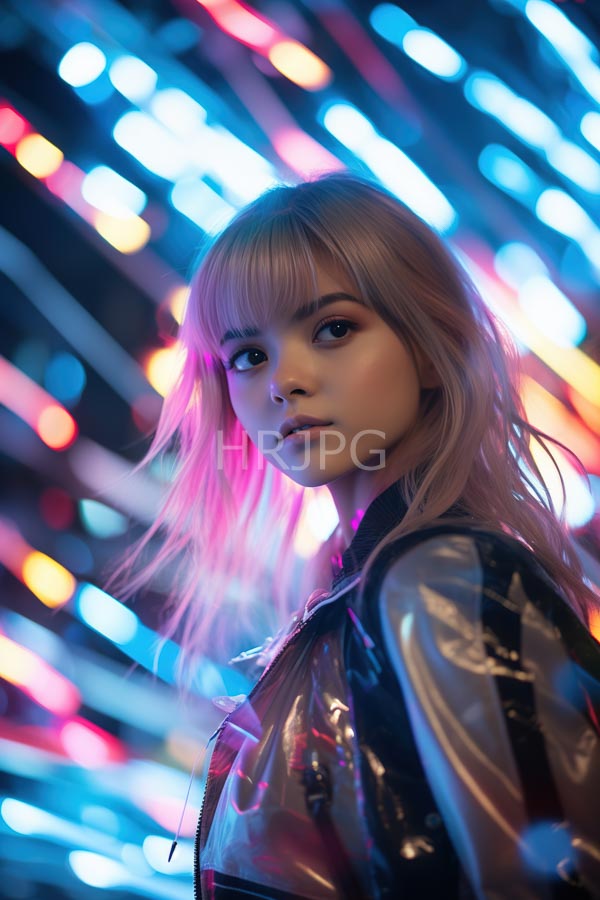 High Resolution: Asian woman with light pink hair and bangs wears a transparent vinyl jacket over black clothing gazing slightly to her right against a blurred background with colorful neon lights download. | HRJPG.com