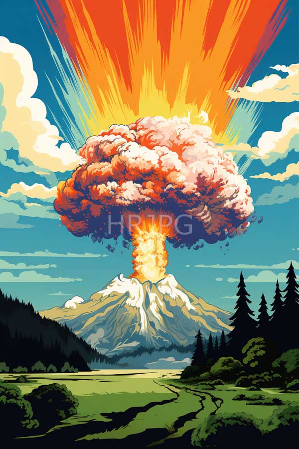 High Resolution: Explosive volcanic eruption against a bright blue sky with scattered clouds and vibrant orange explosion rays set in lush green valleys surrounded by dark pine trees download. | HRJPG.com