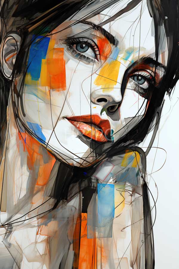 High Resolution: Abstract digital painting of a woman's face featuring bold colors and dynamic lines with fair skin striking blue eyes and red lipstick contrasting sharply against black hair download. | HRJPG.com