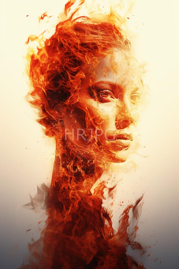 High Resolution: Ethereal woman with fiery orange and red flames enveloping her head neck and shoulders against a gradient beige background with light skin and closed eyes download. | HRJPG.com