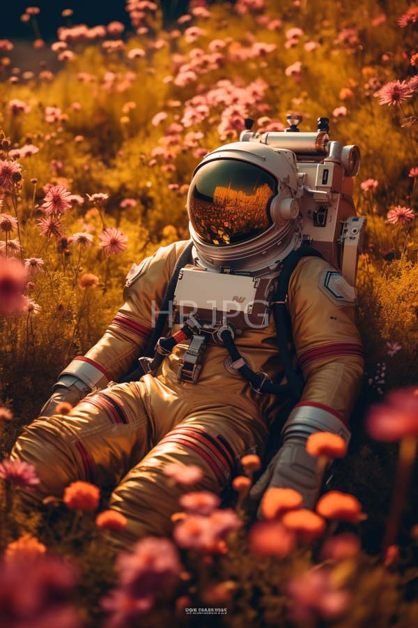 High Resolution: Astronaut in a yellow textured space suit with red stripes sitting among pink wildflowers under warm sunlight reflecting flowers on the visor download. | HRJPG.com