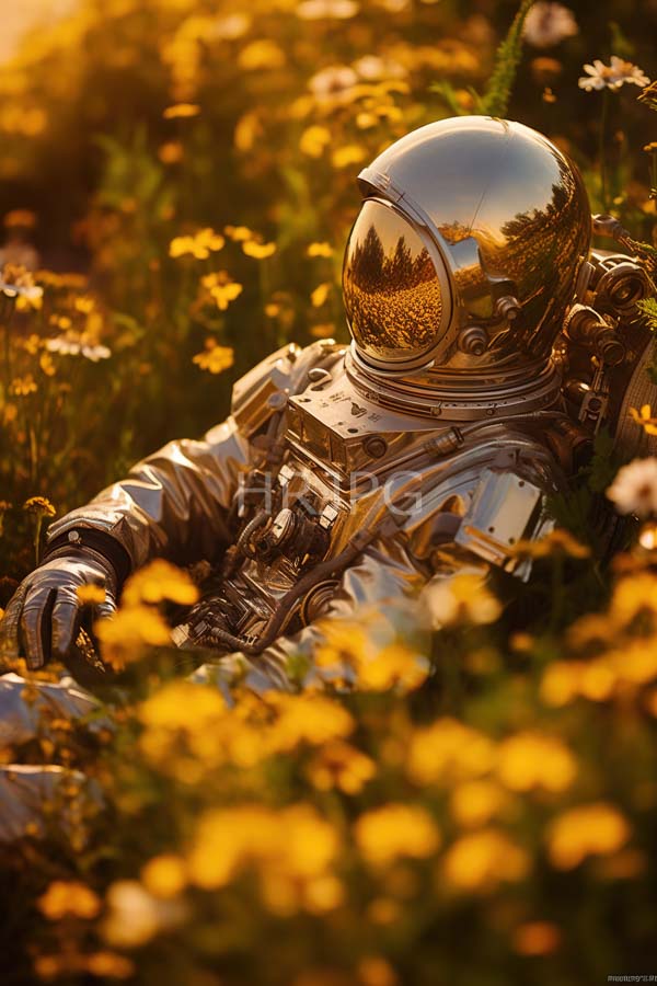 High Resolution: Astronaut in a reflective silver space suit with a mirrored helmet reflecting golden flowers and greenery seated among vibrant yellow wildflowers at sunset download. | HRJPG.com