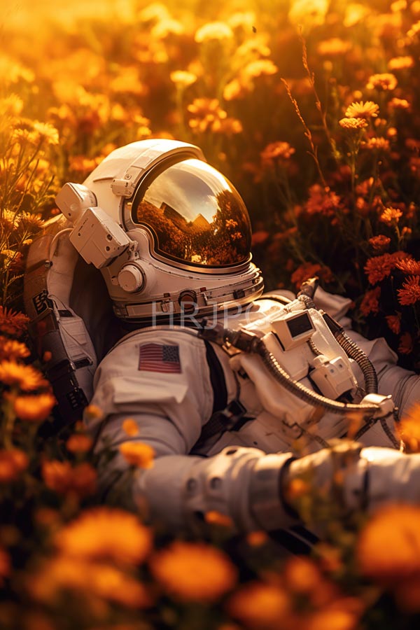 High Resolution: Astronaut in a white space suit with a reflective gold-tinted visor lying among vibrant orange wildflowers under golden sunset light with an American flag patch visible download. | HRJPG.com