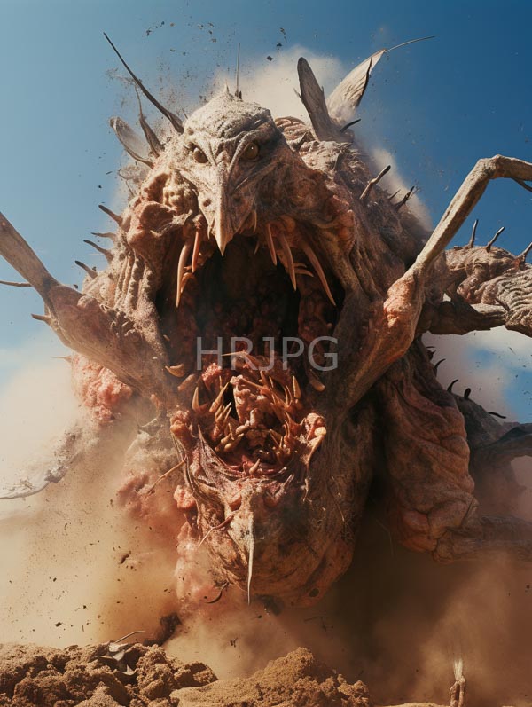 High Resolution: Enormous grotesque monster with jagged teeth and spikes on its head roaring against a clear blue sky with rough grayish-brown skin texture download. | HRJPG.com