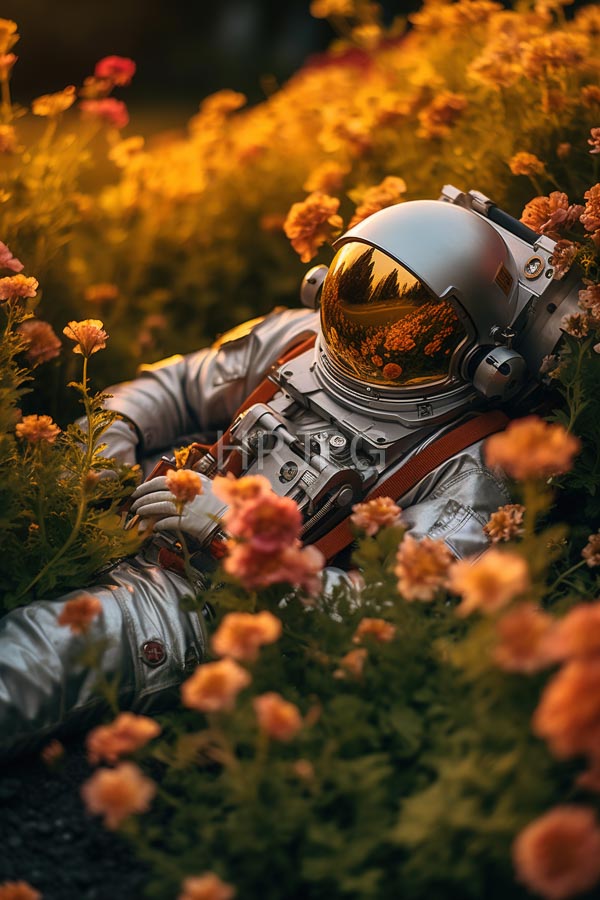 High Resolution: Astronaut in a silver spacesuit with a reflective gold visor lying among vibrant orange and pink flowers under warm sunlight in a blurred garden download. | HRJPG.com