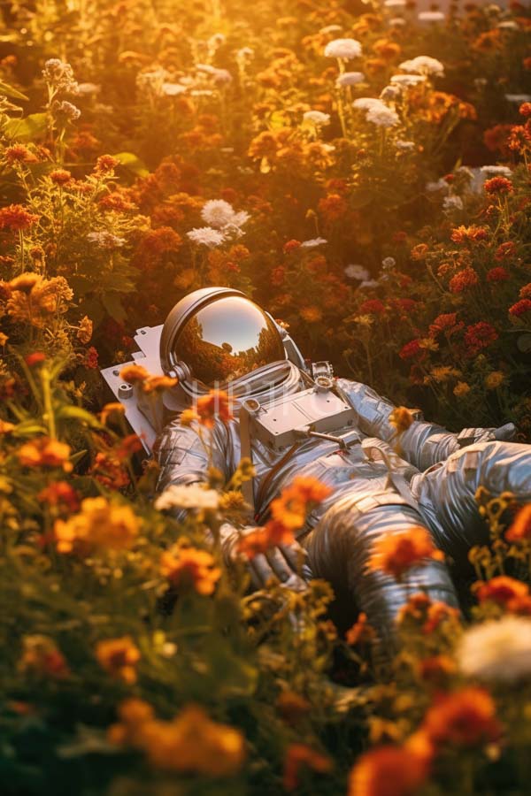 High Resolution: Astronaut in a silver reflective space suit with a clear helmet lying among vibrant orange and white wildflowers under golden sunlight relaxing peacefully download. | HRJPG.com