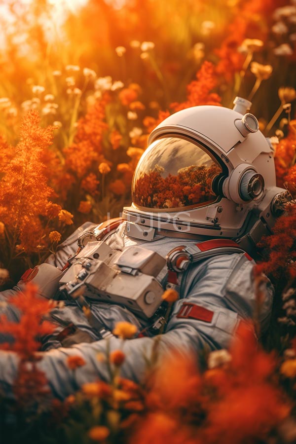 High Resolution: Astronaut in a white space suit with a reflective helmet lying among vibrant orange and yellow wildflowers under golden sunlight with detailed textures on the spacesuit download. | HRJPG.com