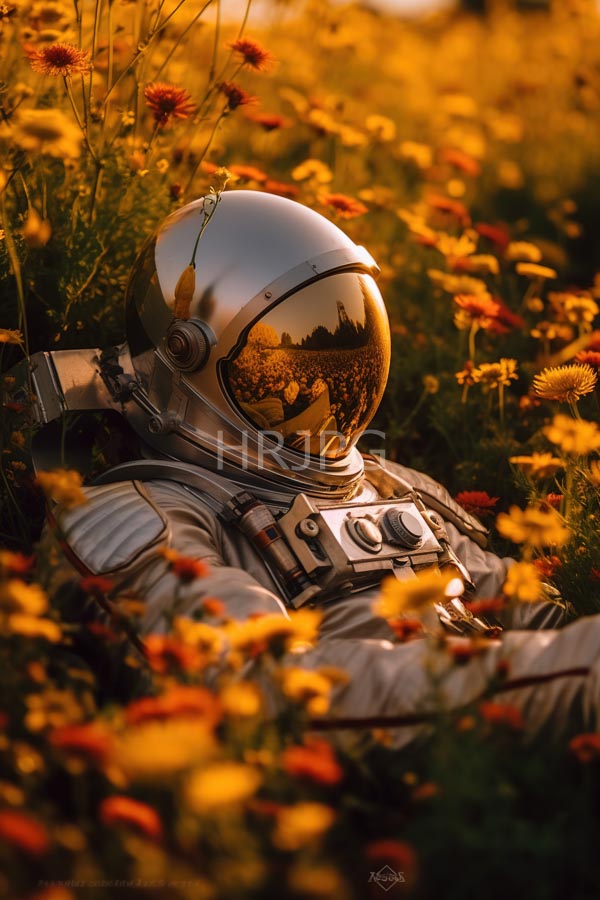 High Resolution: Astronaut in a silver space suit with a reflective gold-tinted visor reclining among vibrant yellow and red wildflowers at sunset with warm golden hues download. | HRJPG.com
