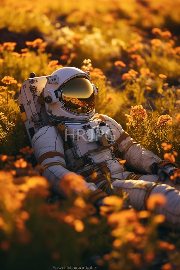 High Resolution: Astronaut in a white space suit with a reflective visor lying among vibrant orange wildflowers under golden sunset light with serene contrast between the spacesuit and flowers download. | HRJPG.com